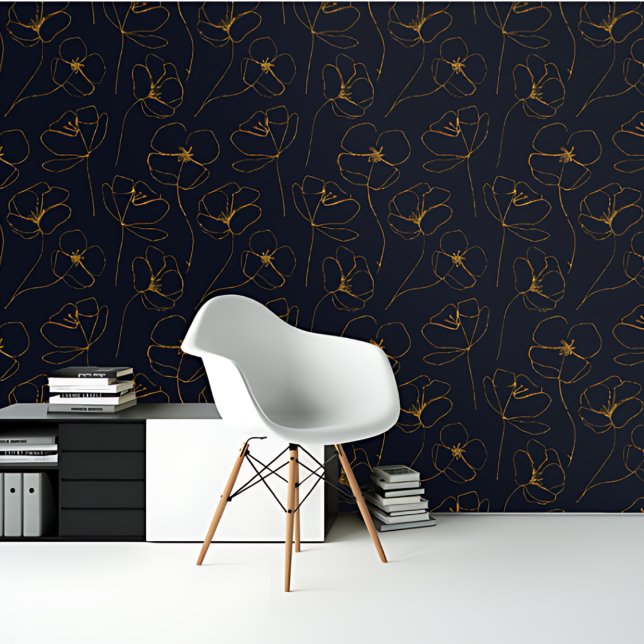 Papel Pintado Patrón Botánico Floral Azul Daisy Dorado (Subido por el creador)