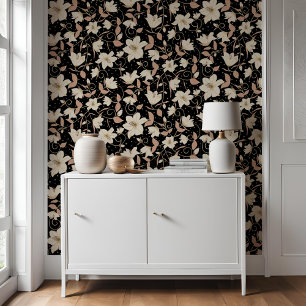 Papel Pintado Patrón botánico Floral Black Beige Lily