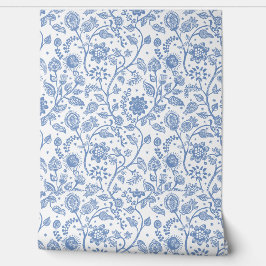 Papel Pintado Patrón Botánico Floral Blanco Azul Moderno Boho