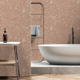 Papel Pintado Patrón botánico floral de dibujo de línea beige
