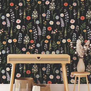 Papel Pintado Patrón Botánico Floral de Flores Silvestres Acuare
