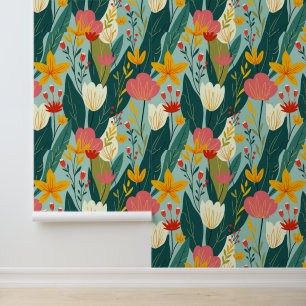 Papel Pintado Patrón Botánico Floral Vibrante