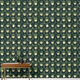 Papel Pintado Patrón botánico Flores Pots Planta Amantes Verde