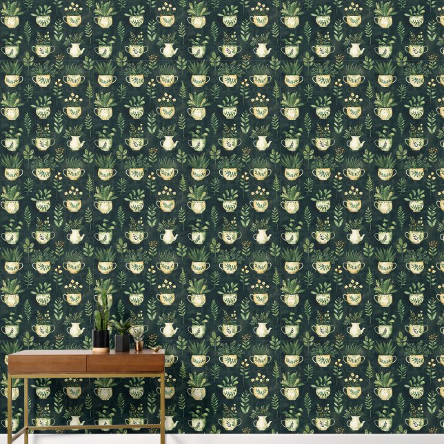 Papel Pintado Patrón botánico Flores Pots Planta Amantes Verde (Pasillo)