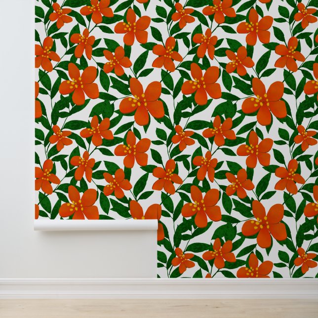 Papel Pintado Patrón botánico verde floral rojo naranja (Solicitud)