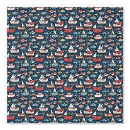 Papel Pintado Patrón caprichoso de peces y barcos