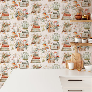 Papel Pintado Patrón caprichoso floral de hongos de libro Cottag