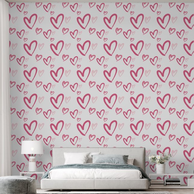 Papel Pintado Patrón cardíaco moderno rosa (Dormitorio)
