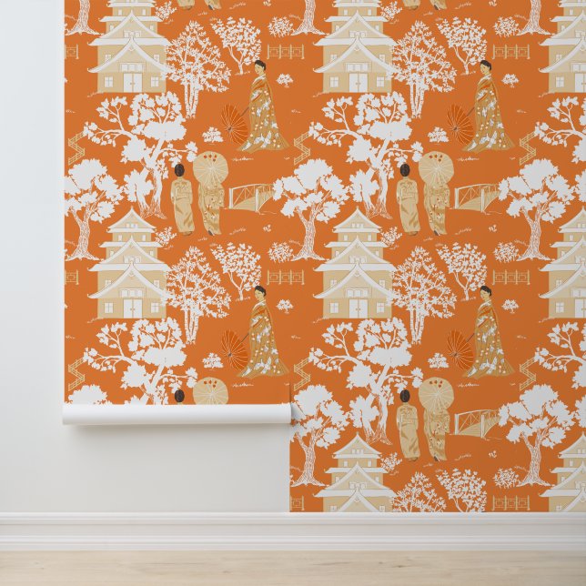 Papel Pintado Patrón Chinoiserie naranja (Solicitud)