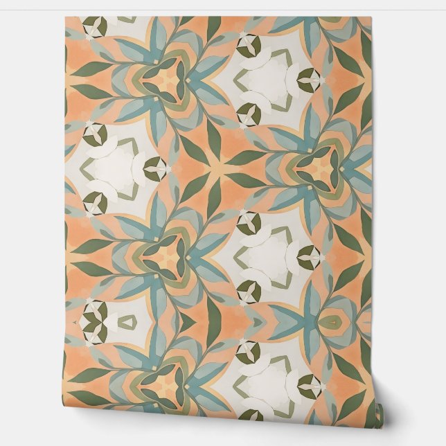 Papel Pintado Patrón continuo botánico azul melocotón (Desenrollar)