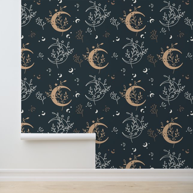 Papel Pintado Patrón continuo botánico de luna celestial mística (Solicitud)