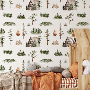 Papel Pintado Patrón continuo de cabaña forestal en acuarela