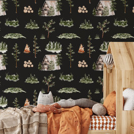 Papel Pintado Patrón continuo de cabaña forestal en acuarela