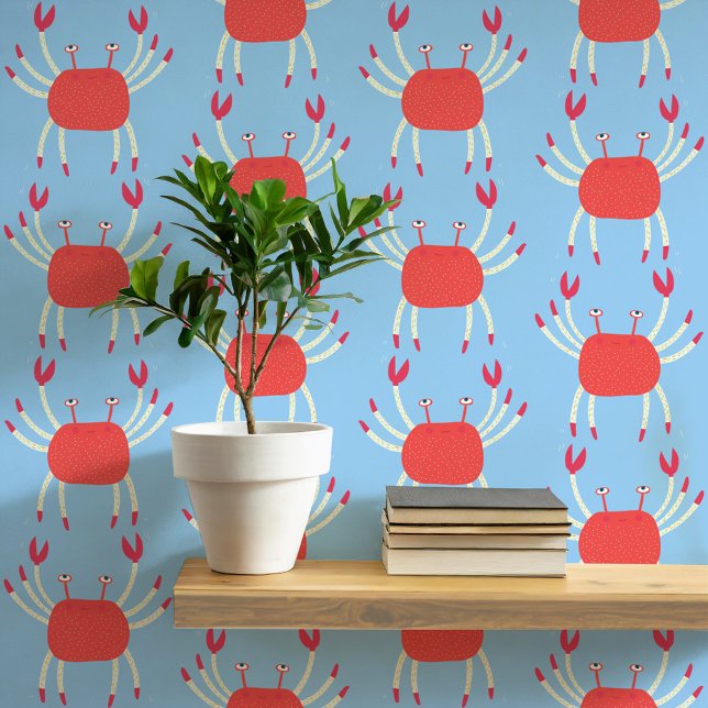 Papel Pintado Patrón costero de cangrejo de danza divertida (Dancing crabs fun coral and blue peel and stick wallpaper for coastal home decor)