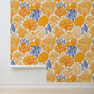 Papel Pintado Patrón costero de coral naranja y azul