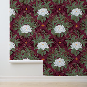 Papel Pintado Patrón Crimson Lotus Elegance - El Lotus Blanco
