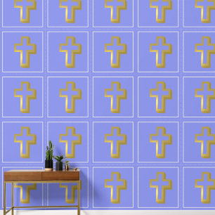 Papel Pintado Patrón cristiano de la Cruz Dorada ligera, azul de