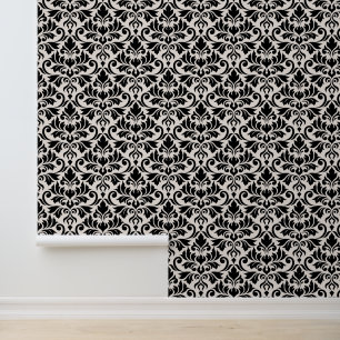 Papel Pintado Patrón Damask Flourish Negro sobre Crema