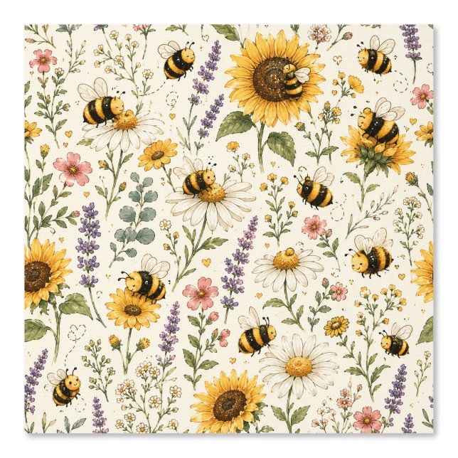 Papel Pintado Patrón de abeja y flores silvestres lindas (Anverso)