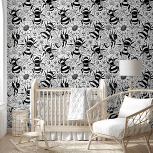 Papel Pintado Patrón de abejas ilustrado: negro y blanco inmacul