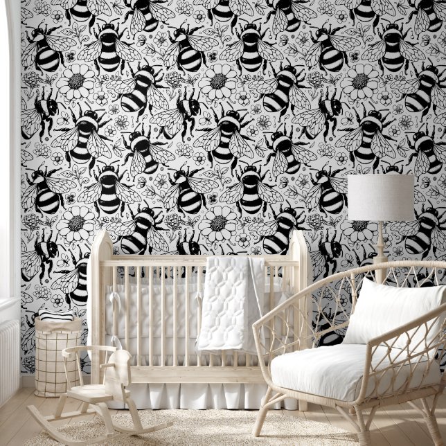 Papel Pintado Patrón de abejas ilustrado: negro y blanco inmacul (Niños)