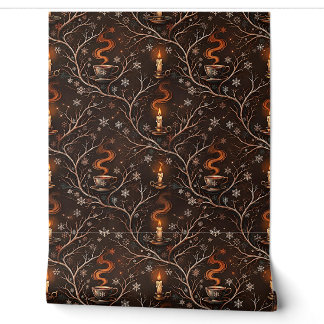 Papel Pintado Patrón de academia oscura de café y velas de invie