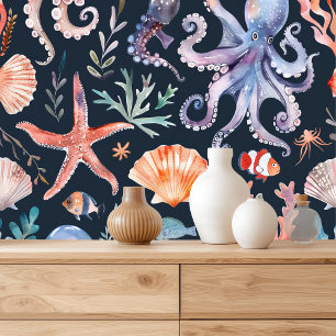 Papel Pintado Patrón de acuarela náutica: luces de arrecife de c