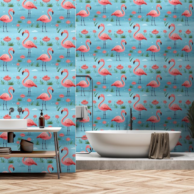 Papel Pintado Patrón de agua azul Flamingo (Baño)
