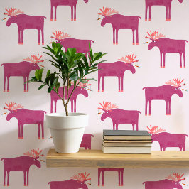 Papel Pintado Patrón de alce moose rosa divertido