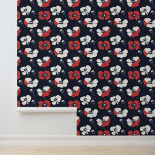 Papel Pintado Patrón de amapola blanca con acentos rojo y azul