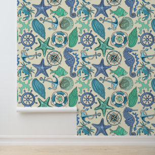 Papel Pintado Patrón de animales del mar verde azulado