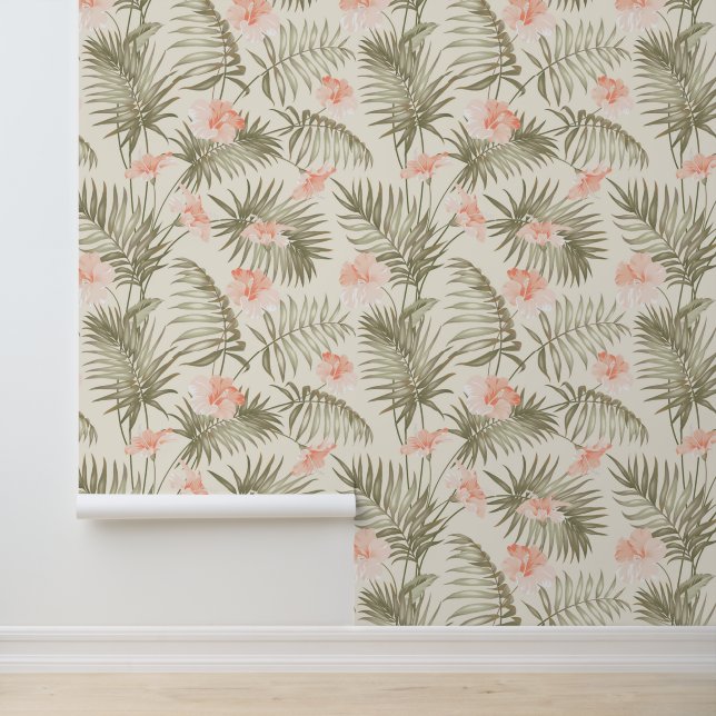 Papel Pintado Patrón de árbol de palmas hisbiscus tropical (Solicitud)
