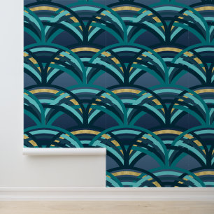 Papel Pintado Patrón de arco Art Deco verde azulado y dorado sob