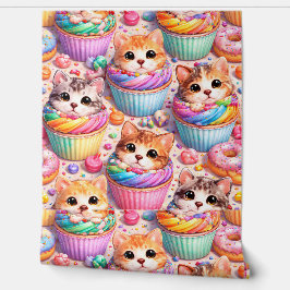 Papel Pintado Patrón de arcoíris de gatitos lindos y pastelitos 