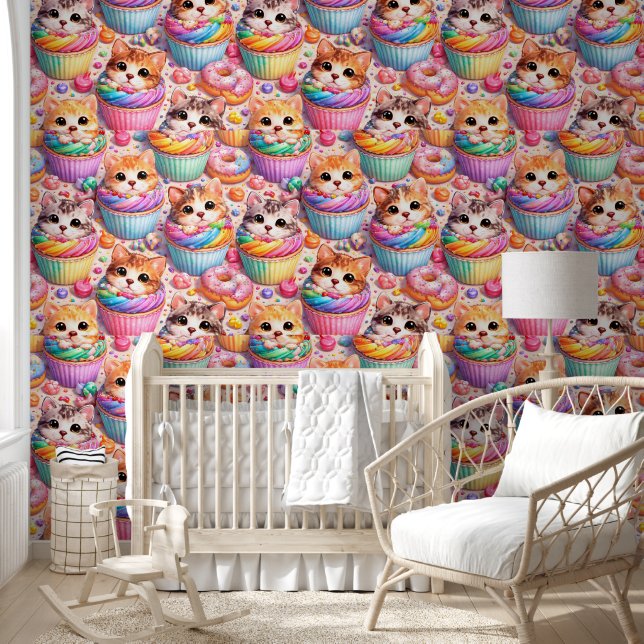 Papel Pintado Patrón de arcoíris de gatitos lindos y pastelitos  (Niños)