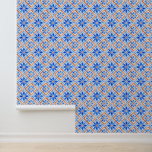 Papel Pintado Patrón de azulejo mediterráneo azul costero de Ama