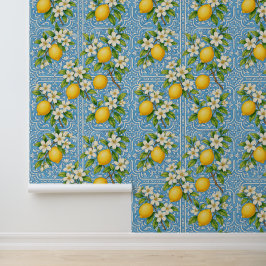 Papel Pintado Patrón de azulejos mediterráneos azul acuarela lim