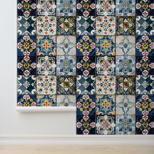 Papel Pintado Patrón de Baldosa Italiana Azul Pequeña