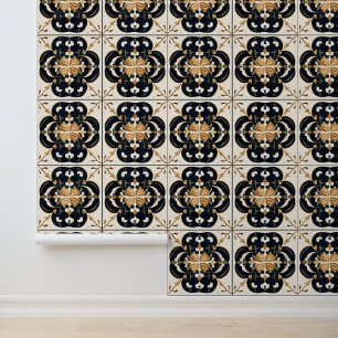 Papel Pintado Patrón de baldosas crema negro