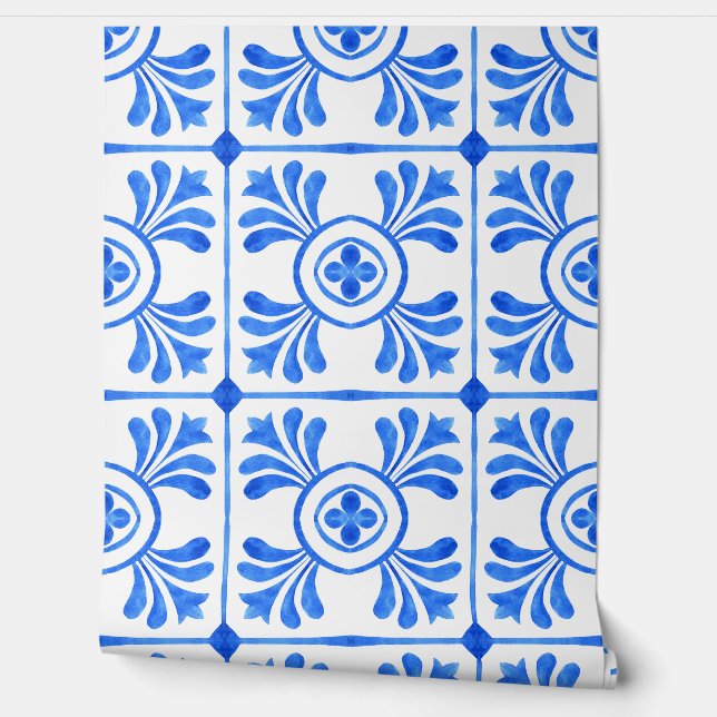 Papel Pintado Patrón de baldosas de agua del Mediterráneo azul (Desenrollar)