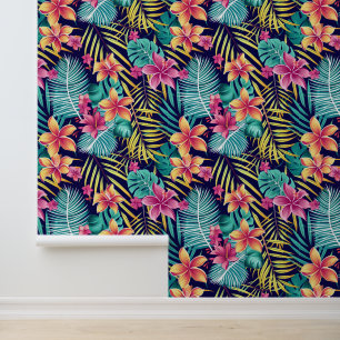 Papel Pintado Patrón de baldosas florales de la jungla blanca