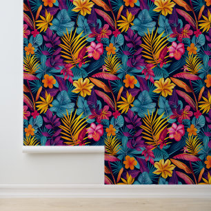 Papel Pintado Patrón de baldosas florales de la jungla blanca