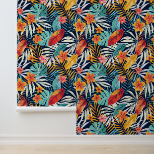 Papel Pintado Patrón de baldosas florales de la jungla blanca