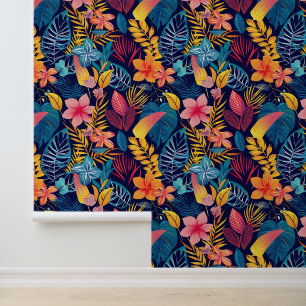 Papel Pintado Patrón de baldosas florales de la jungla blanca