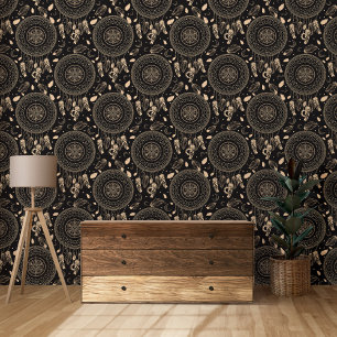 Papel Pintado Patrón de Boho Nativo de Catcher de Sueños Negros