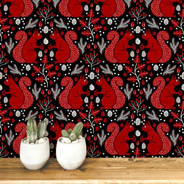 Papel Pintado Patrón de bosque arbolado de ardilla (Modern Squirrel woodland forest peel and stick wallpaper)