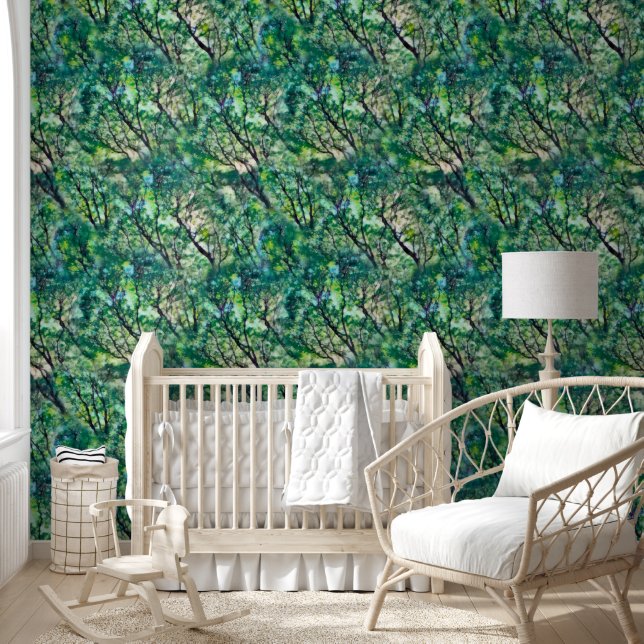 Papel Pintado Patrón de bosque verde acuático (Niños)