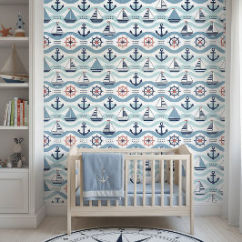 Papel Pintado Patrón de botes de vela y anclas azules junto al m