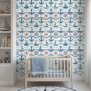 Papel Pintado Patrón de botes de vela y anclas azules junto al m