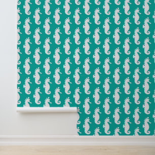 Papel Pintado Patrón de caballitos de mar verde azulados 1